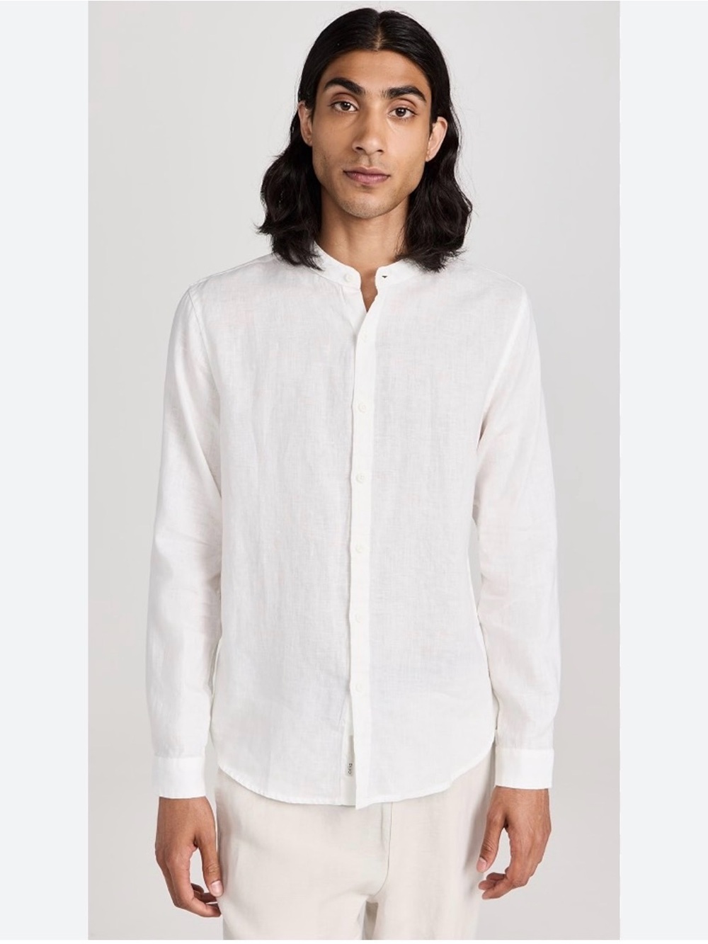 Onia Mens Shirt SZ L 100% Linen Long Sleeve Shirt Banded Collar White Button NWT